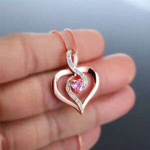 New Womens Hollow Heart Pink Sappire & Opal Rose Gold Necklace